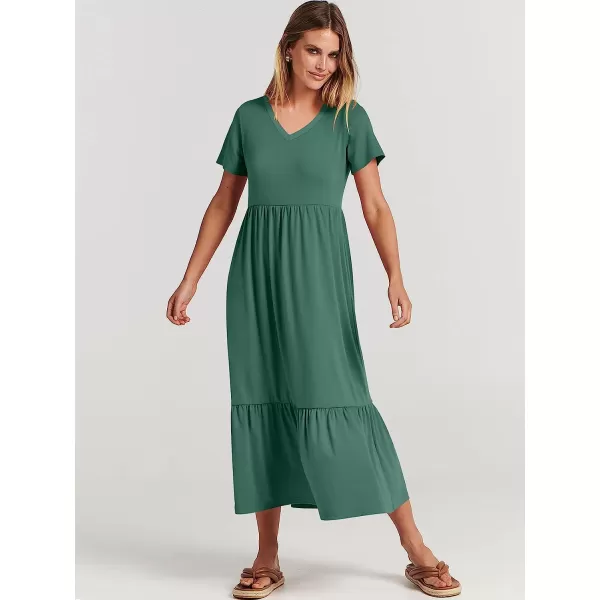 imageANRABESS Womens Summer Casual Short Sleeve V Neck Swing Dress Casual Flowy Tiered Maxi Beach Dress with PocketsGreen