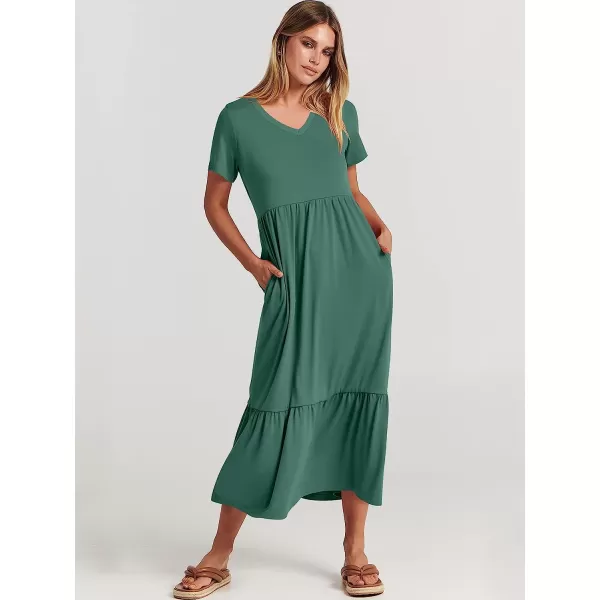 imageANRABESS Womens Summer Casual Short Sleeve V Neck Swing Dress Casual Flowy Tiered Maxi Beach Dress with PocketsGreen