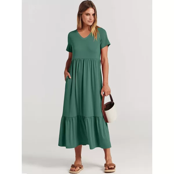 imageANRABESS Womens Summer Casual Short Sleeve V Neck Swing Dress Casual Flowy Tiered Maxi Beach Dress with PocketsGreen