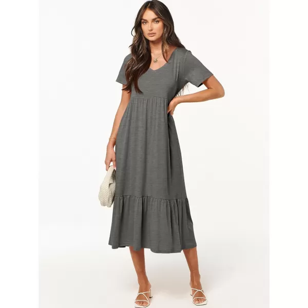 imageANRABESS Womens Summer Casual Short Sleeve V Neck Swing Dress Casual Flowy Tiered Maxi Beach Dress with PocketsGrey