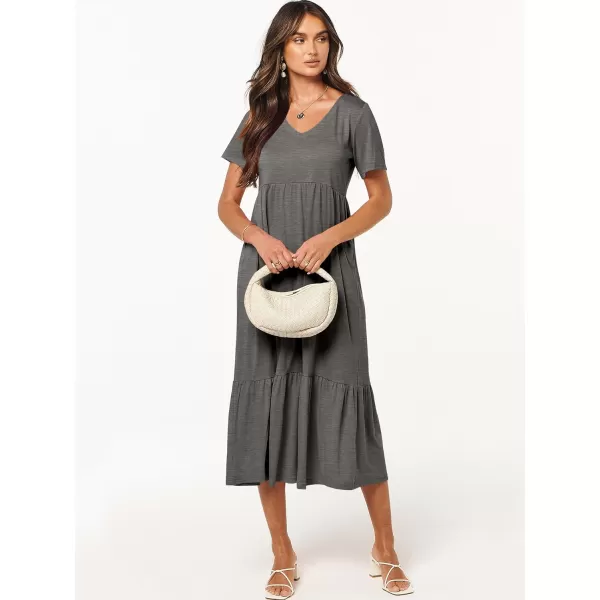 imageANRABESS Womens Summer Casual Short Sleeve V Neck Swing Dress Casual Flowy Tiered Maxi Beach Dress with PocketsGrey