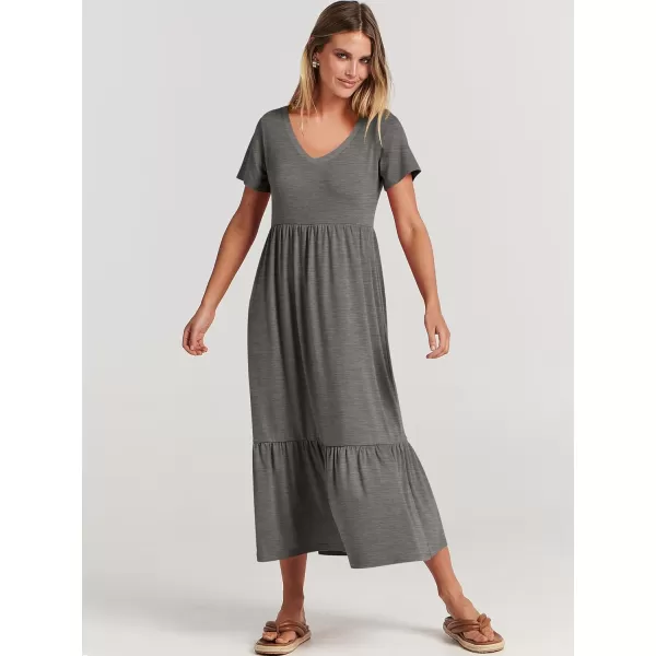 imageANRABESS Womens Summer Casual Short Sleeve V Neck Swing Dress Casual Flowy Tiered Maxi Beach Dress with PocketsGrey