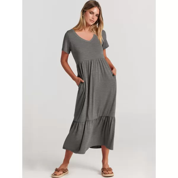 imageANRABESS Womens Summer Casual Short Sleeve V Neck Swing Dress Casual Flowy Tiered Maxi Beach Dress with PocketsGrey