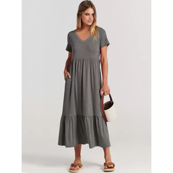 imageANRABESS Womens Summer Casual Short Sleeve V Neck Swing Dress Casual Flowy Tiered Maxi Beach Dress with PocketsGrey