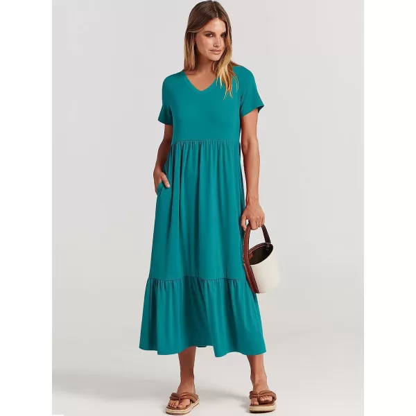 imageANRABESS Womens Summer Casual Short Sleeve V Neck Swing Dress Casual Flowy Tiered Maxi Beach Dress with PocketsLake