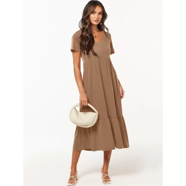 imageANRABESS Womens Summer Casual Short Sleeve V Neck Swing Dress Casual Flowy Tiered Maxi Beach Dress with PocketsLight Brown