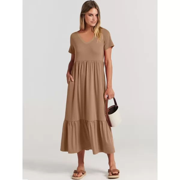 imageANRABESS Womens Summer Casual Short Sleeve V Neck Swing Dress Casual Flowy Tiered Maxi Beach Dress with PocketsLight Brown