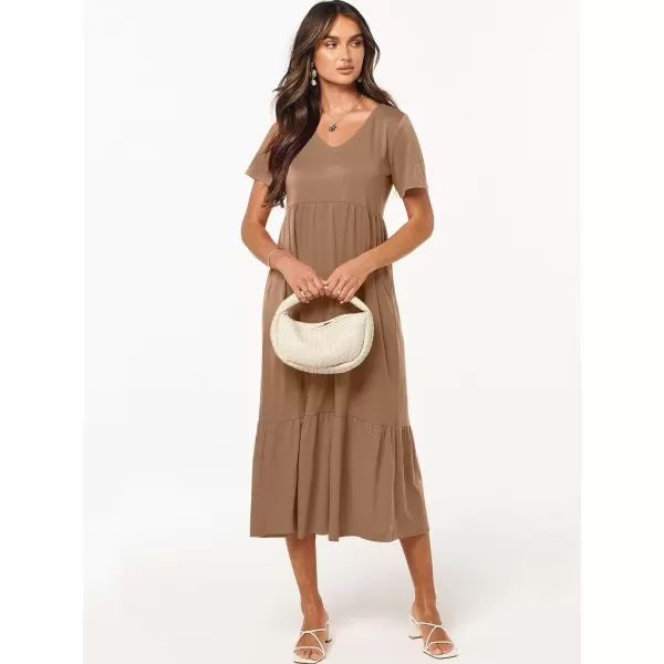 imageANRABESS Womens Summer Casual Short Sleeve V Neck Swing Dress Casual Flowy Tiered Maxi Beach Dress with PocketsLight Brown