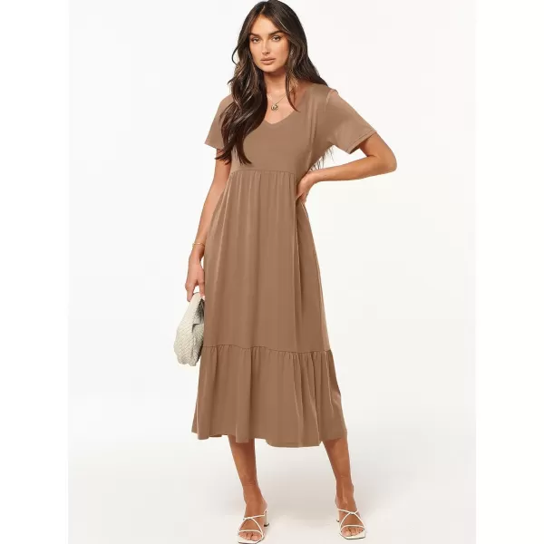 imageANRABESS Womens Summer Casual Short Sleeve V Neck Swing Dress Casual Flowy Tiered Maxi Beach Dress with PocketsLight Brown