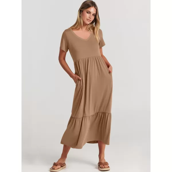 imageANRABESS Womens Summer Casual Short Sleeve V Neck Swing Dress Casual Flowy Tiered Maxi Beach Dress with PocketsLight Brown