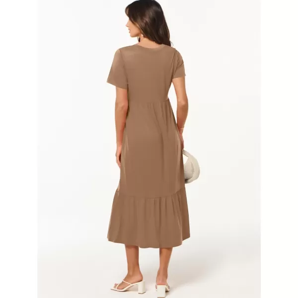 imageANRABESS Womens Summer Casual Short Sleeve V Neck Swing Dress Casual Flowy Tiered Maxi Beach Dress with PocketsLight Brown