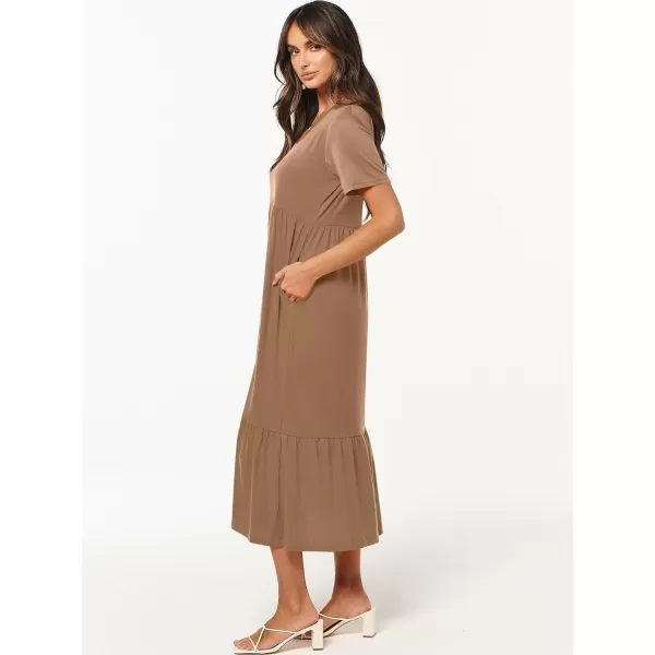 imageANRABESS Womens Summer Casual Short Sleeve V Neck Swing Dress Casual Flowy Tiered Maxi Beach Dress with PocketsLight Brown