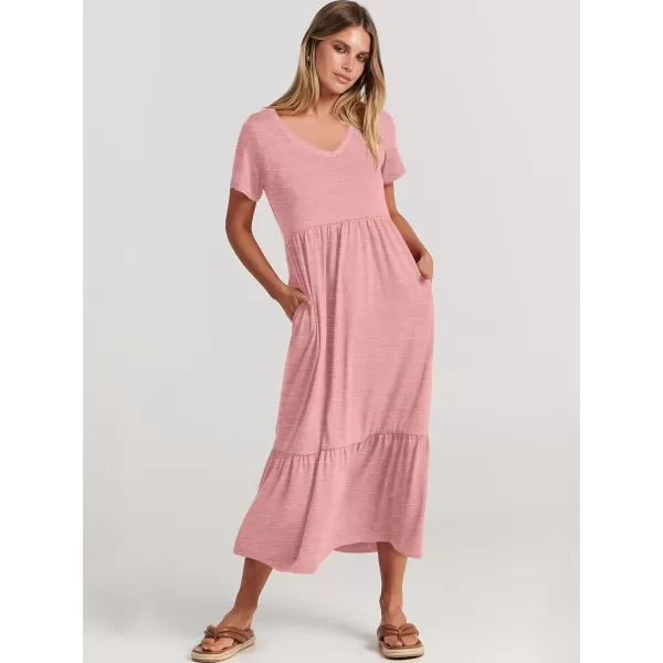 imageANRABESS Womens Summer Casual Short Sleeve V Neck Swing Dress Casual Flowy Tiered Maxi Beach Dress with PocketsLight Pink