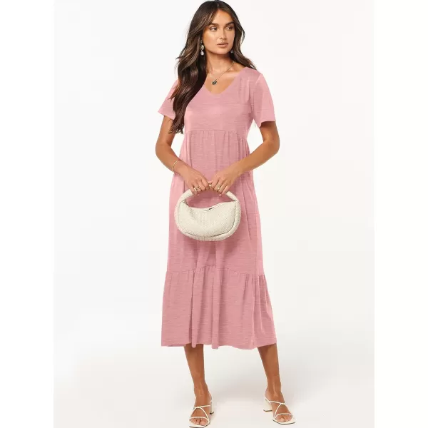 imageANRABESS Womens Summer Casual Short Sleeve V Neck Swing Dress Casual Flowy Tiered Maxi Beach Dress with PocketsLight Pink