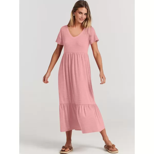 imageANRABESS Womens Summer Casual Short Sleeve V Neck Swing Dress Casual Flowy Tiered Maxi Beach Dress with PocketsLight Pink