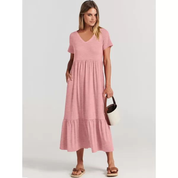 imageANRABESS Womens Summer Casual Short Sleeve V Neck Swing Dress Casual Flowy Tiered Maxi Beach Dress with PocketsLight Pink