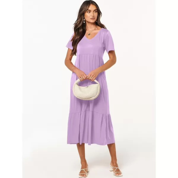 imageANRABESS Womens Summer Casual Short Sleeve V Neck Swing Dress Casual Flowy Tiered Maxi Beach Dress with PocketsLight Purple