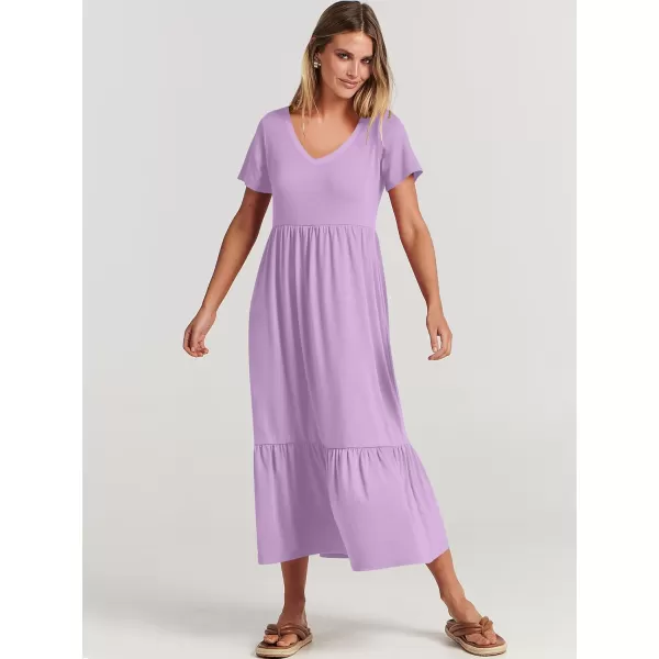 imageANRABESS Womens Summer Casual Short Sleeve V Neck Swing Dress Casual Flowy Tiered Maxi Beach Dress with PocketsLight Purple