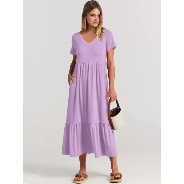 imageANRABESS Womens Summer Casual Short Sleeve V Neck Swing Dress Casual Flowy Tiered Maxi Beach Dress with PocketsLight Purple