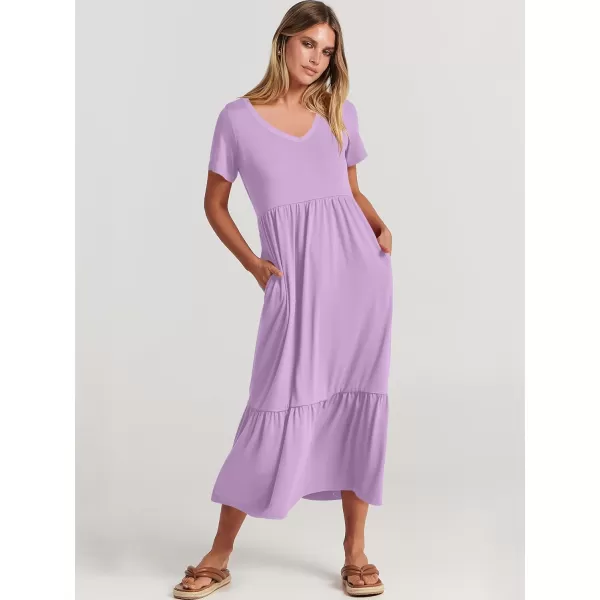 imageANRABESS Womens Summer Casual Short Sleeve V Neck Swing Dress Casual Flowy Tiered Maxi Beach Dress with PocketsLight Purple