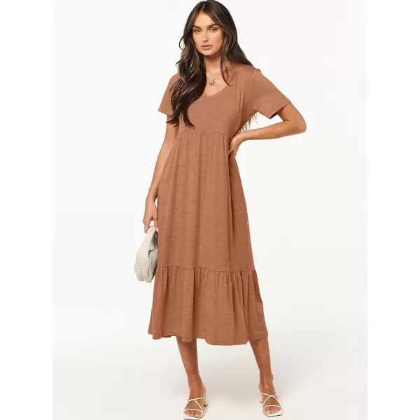 imageANRABESS Womens Summer Casual Short Sleeve V Neck Swing Dress Casual Flowy Tiered Maxi Beach Dress with PocketsLight Rust