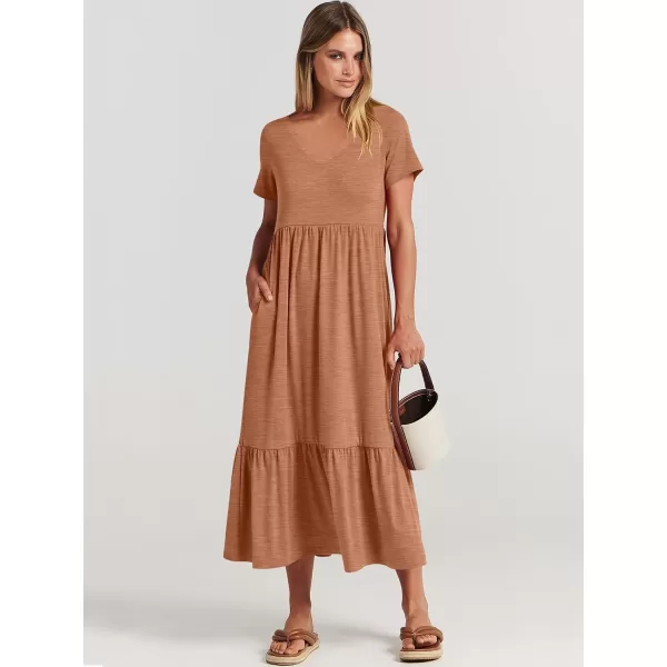 imageANRABESS Womens Summer Casual Short Sleeve V Neck Swing Dress Casual Flowy Tiered Maxi Beach Dress with PocketsLight Rust