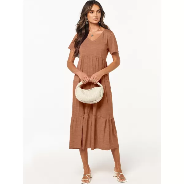 imageANRABESS Womens Summer Casual Short Sleeve V Neck Swing Dress Casual Flowy Tiered Maxi Beach Dress with PocketsLight Rust