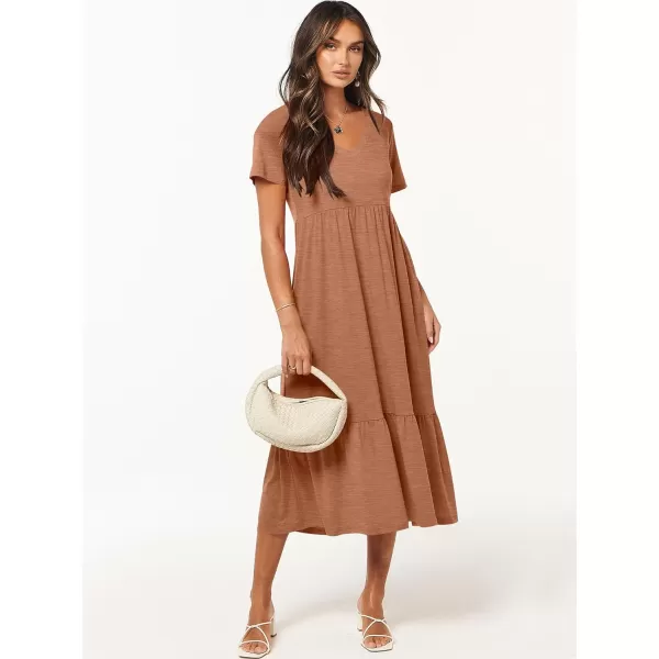 imageANRABESS Womens Summer Casual Short Sleeve V Neck Swing Dress Casual Flowy Tiered Maxi Beach Dress with PocketsLight Rust