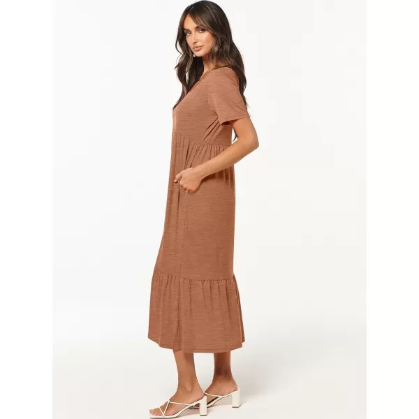 imageANRABESS Womens Summer Casual Short Sleeve V Neck Swing Dress Casual Flowy Tiered Maxi Beach Dress with PocketsLight Rust