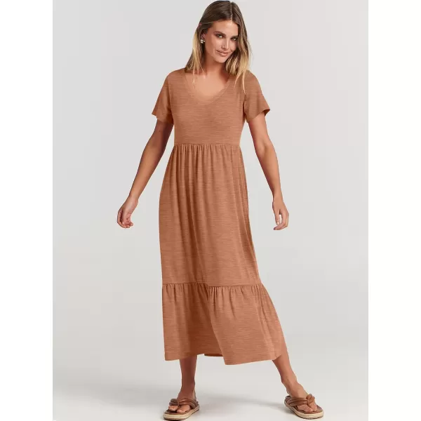 imageANRABESS Womens Summer Casual Short Sleeve V Neck Swing Dress Casual Flowy Tiered Maxi Beach Dress with PocketsLight Rust