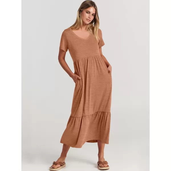 imageANRABESS Womens Summer Casual Short Sleeve V Neck Swing Dress Casual Flowy Tiered Maxi Beach Dress with PocketsLight Rust