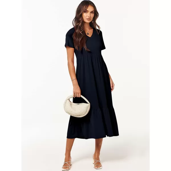 imageANRABESS Womens Summer Casual Short Sleeve V Neck Swing Dress Casual Flowy Tiered Maxi Beach Dress with PocketsNavy Blue