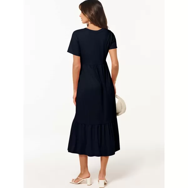 imageANRABESS Womens Summer Casual Short Sleeve V Neck Swing Dress Casual Flowy Tiered Maxi Beach Dress with PocketsNavy Blue