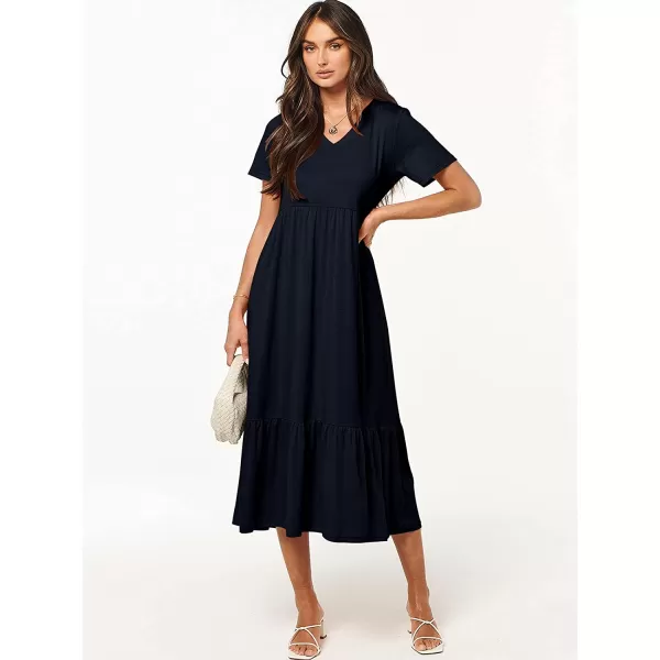 imageANRABESS Womens Summer Casual Short Sleeve V Neck Swing Dress Casual Flowy Tiered Maxi Beach Dress with PocketsNavy Blue