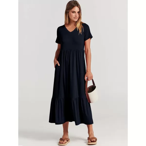 imageANRABESS Womens Summer Casual Short Sleeve V Neck Swing Dress Casual Flowy Tiered Maxi Beach Dress with PocketsNavy Blue