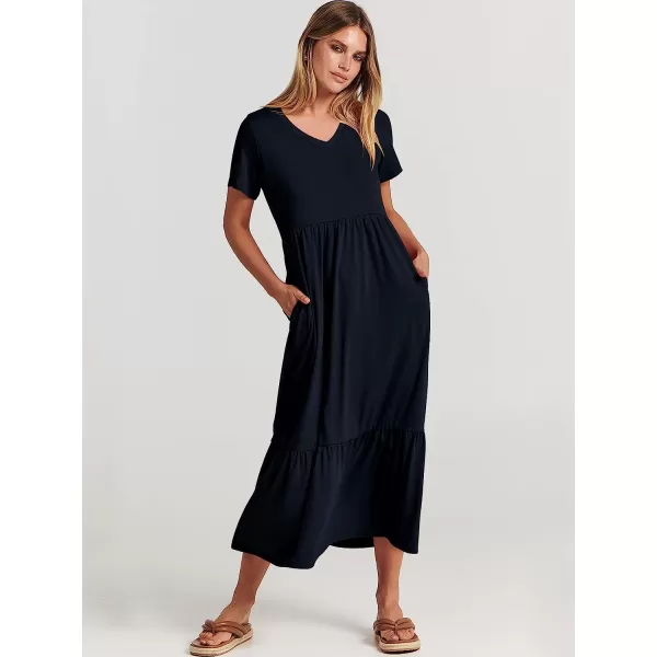 imageANRABESS Womens Summer Casual Short Sleeve V Neck Swing Dress Casual Flowy Tiered Maxi Beach Dress with PocketsNavy Blue