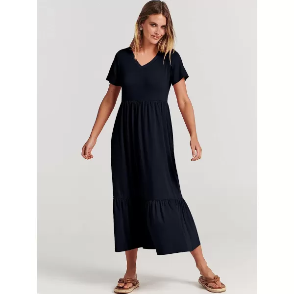 imageANRABESS Womens Summer Casual Short Sleeve V Neck Swing Dress Casual Flowy Tiered Maxi Beach Dress with PocketsNavy Blue
