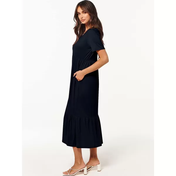 imageANRABESS Womens Summer Casual Short Sleeve V Neck Swing Dress Casual Flowy Tiered Maxi Beach Dress with PocketsNavy Blue