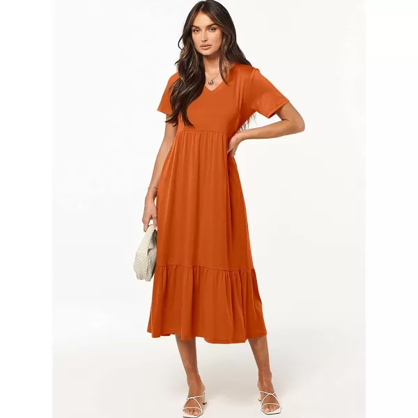 imageANRABESS Womens Summer Casual Short Sleeve V Neck Swing Dress Casual Flowy Tiered Maxi Beach Dress with PocketsOrange