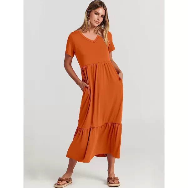 imageANRABESS Womens Summer Casual Short Sleeve V Neck Swing Dress Casual Flowy Tiered Maxi Beach Dress with PocketsOrange