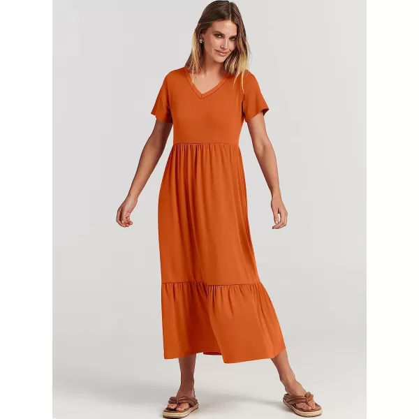 imageANRABESS Womens Summer Casual Short Sleeve V Neck Swing Dress Casual Flowy Tiered Maxi Beach Dress with PocketsOrange