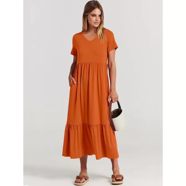 imageANRABESS Womens Summer Casual Short Sleeve V Neck Swing Dress Casual Flowy Tiered Maxi Beach Dress with PocketsOrange