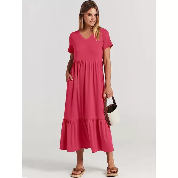 imageANRABESS Womens Summer Casual Short Sleeve V Neck Swing Dress Casual Flowy Tiered Maxi Beach Dress with PocketsPeach