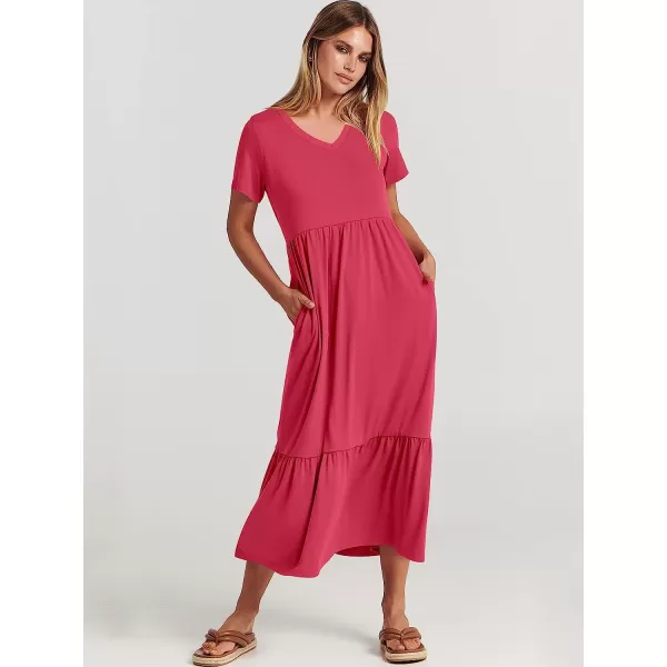 imageANRABESS Womens Summer Casual Short Sleeve V Neck Swing Dress Casual Flowy Tiered Maxi Beach Dress with PocketsPeach