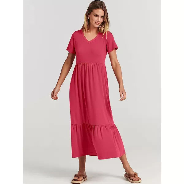 imageANRABESS Womens Summer Casual Short Sleeve V Neck Swing Dress Casual Flowy Tiered Maxi Beach Dress with PocketsPeach