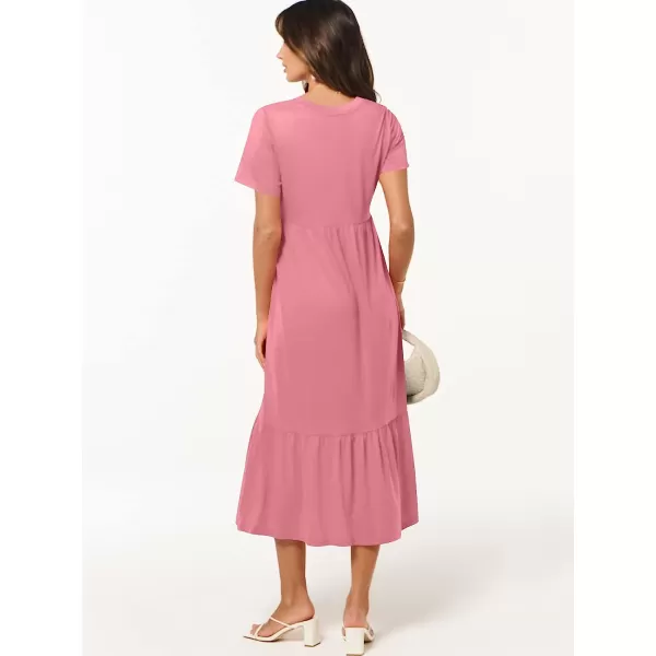 imageANRABESS Womens Summer Casual Short Sleeve V Neck Swing Dress Casual Flowy Tiered Maxi Beach Dress with PocketsPink