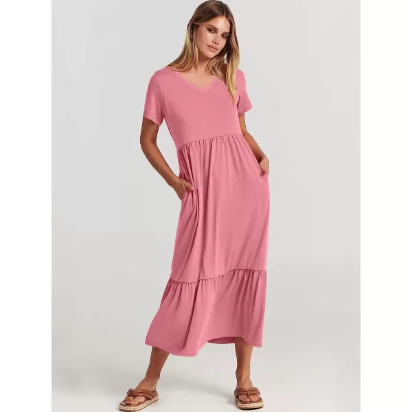 imageANRABESS Womens Summer Casual Short Sleeve V Neck Swing Dress Casual Flowy Tiered Maxi Beach Dress with PocketsPink