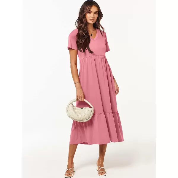 imageANRABESS Womens Summer Casual Short Sleeve V Neck Swing Dress Casual Flowy Tiered Maxi Beach Dress with PocketsPink