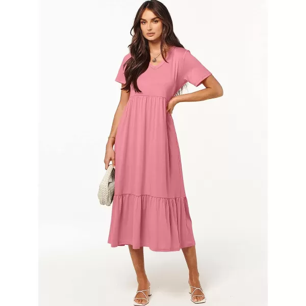 imageANRABESS Womens Summer Casual Short Sleeve V Neck Swing Dress Casual Flowy Tiered Maxi Beach Dress with PocketsPink