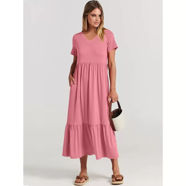 imageANRABESS Womens Summer Casual Short Sleeve V Neck Swing Dress Casual Flowy Tiered Maxi Beach Dress with PocketsPink
